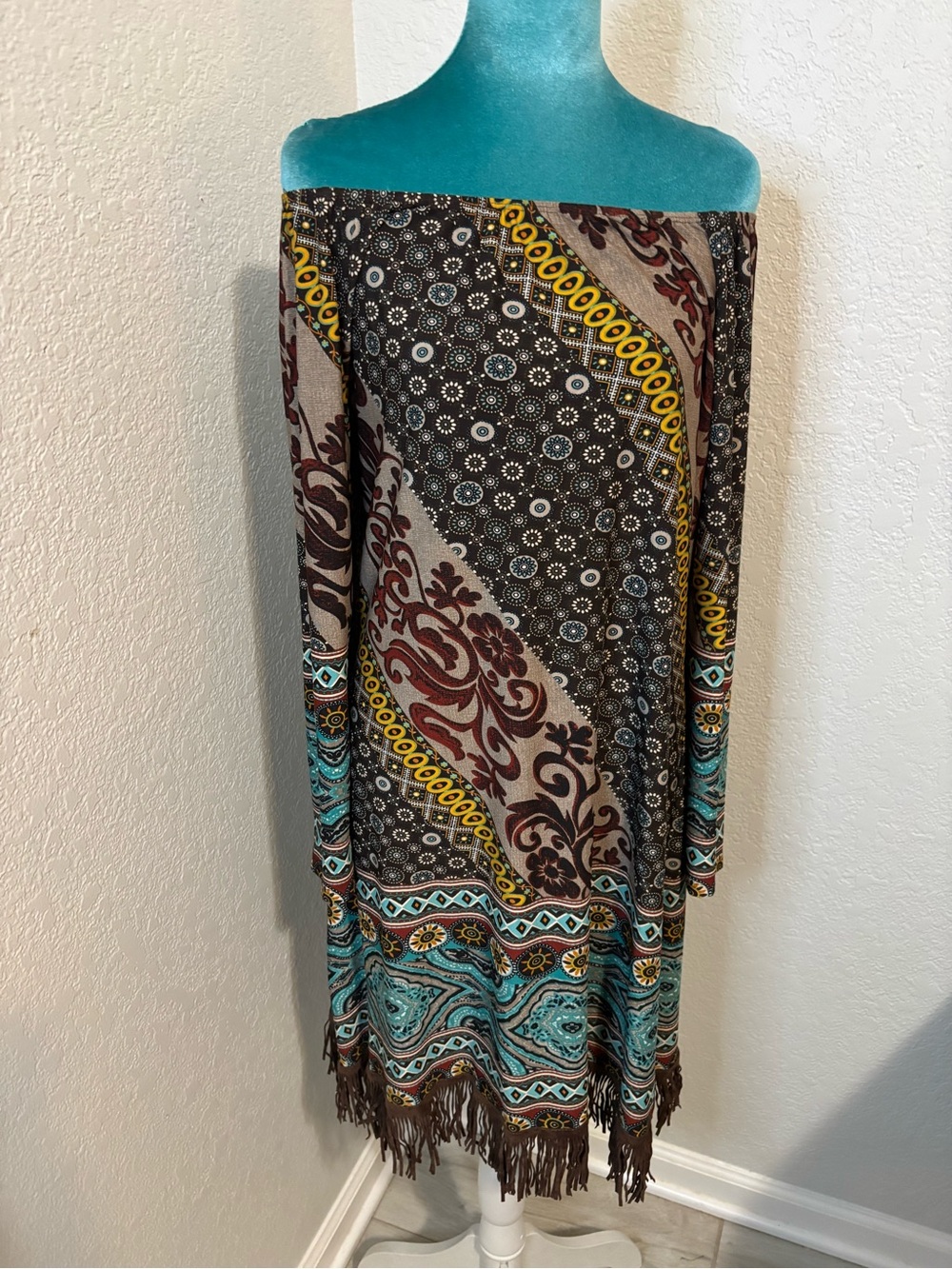 Compass Bohemian Paisley Fringed Tunic Dress Medium Festival Indie Fairy